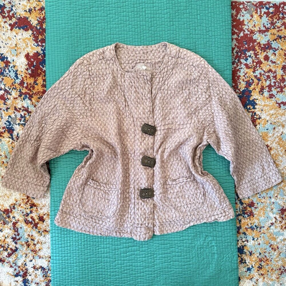 Vintage Produce Company 90s Beige Textured Button-Up Jacket XL Boho Lagenlook EC